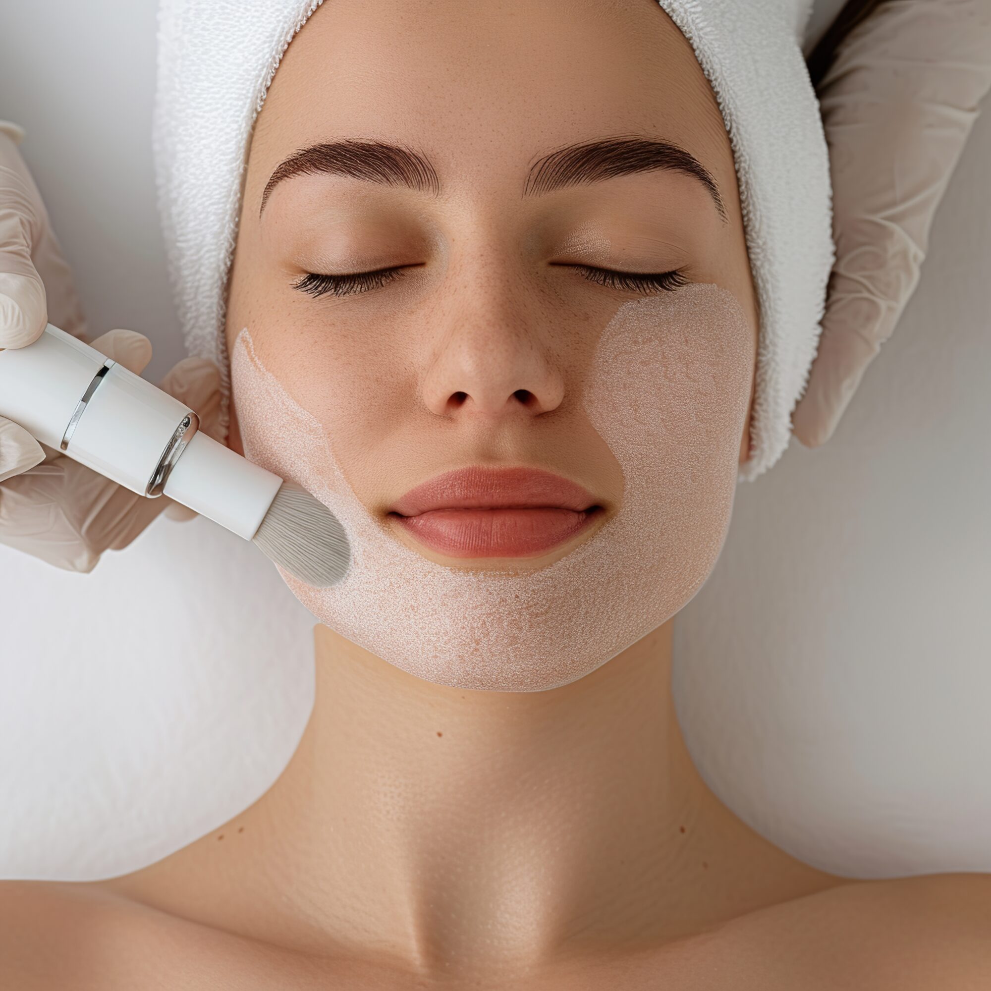 Woman wearing a mask on her face in a spa beauty salon. The cosmetologist applies a mask to the client's face. A specialist gives a woman a facial in an aesthetic clinic. ?osmetology and beauty. L'Hydrafacial en Medecine Esthetique une vraie innovation dans le traitement de l'acné Clinique Rivoli Massena 2
