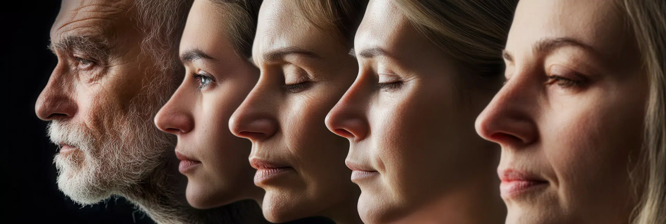 Five individuals display the passage of time through distinct facial features, showcasing the beauty and uniqueness of each age group. Generative AI les injections dans le nez ou la rhinoplastie médicale en Médecine Esthétique Clinique Rivoli Massena 2